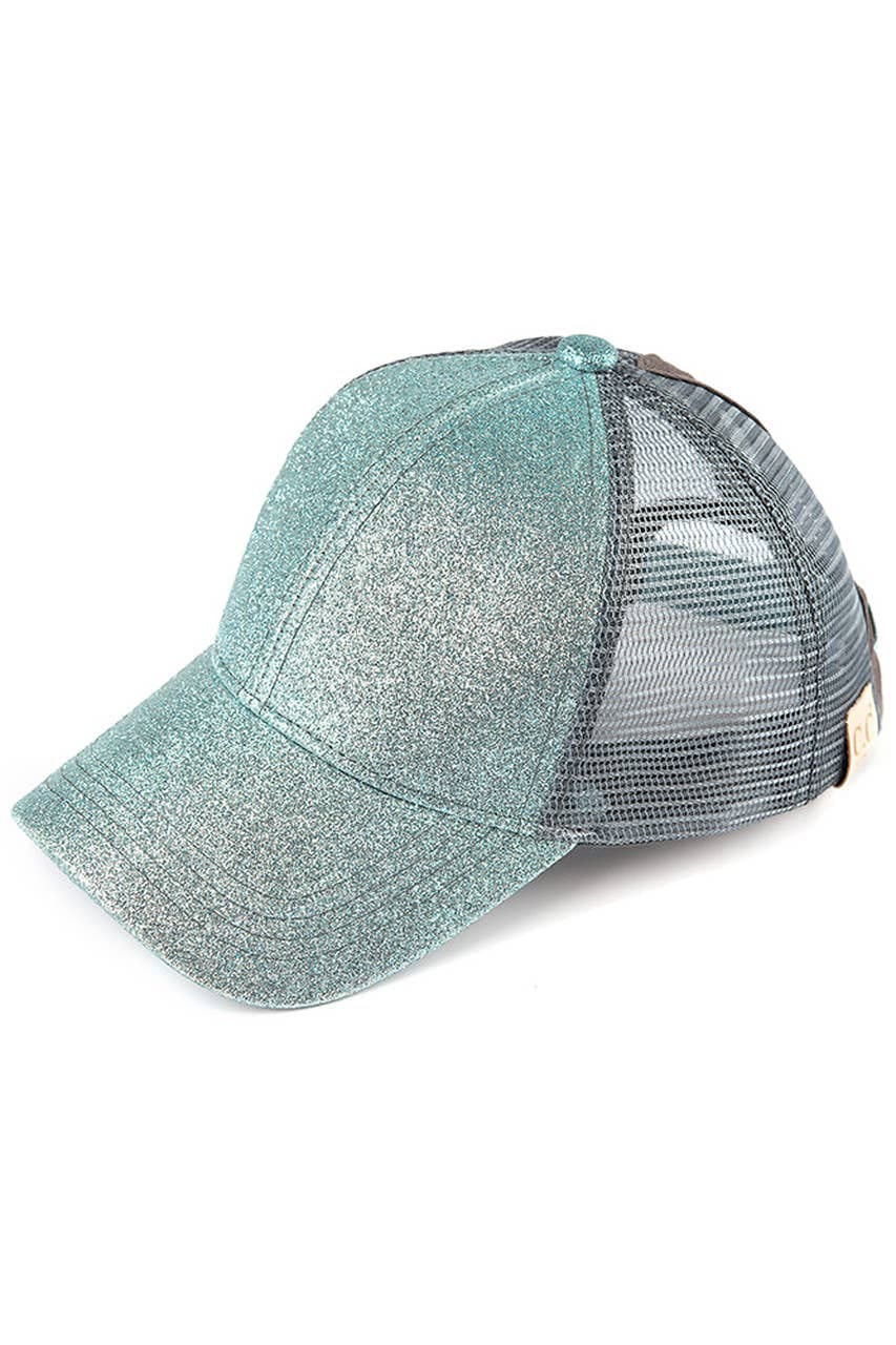 Kids Glitter Fabric With Mesh Pony Cap: Black Hana