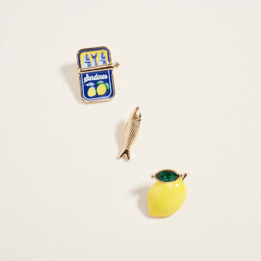 - 1 Inch Sardines Can Fish Lemon Brooch Pin Set of 3