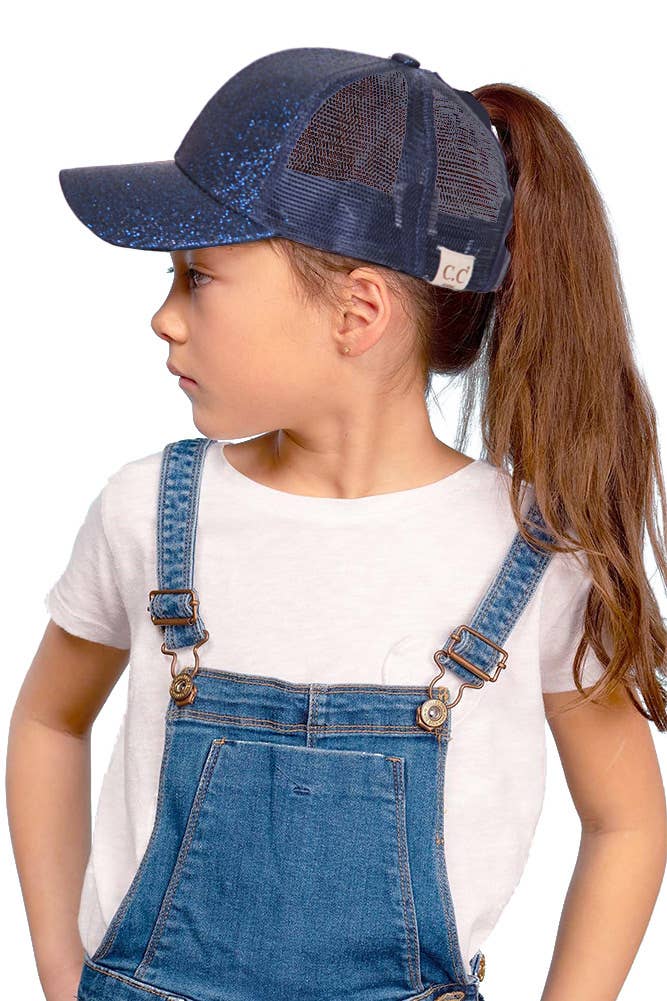 Kids Glitter Fabric With Mesh Pony Cap: Black Hana