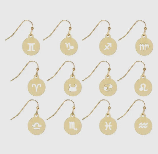 Gold Round Zodiac Earrings ZAD