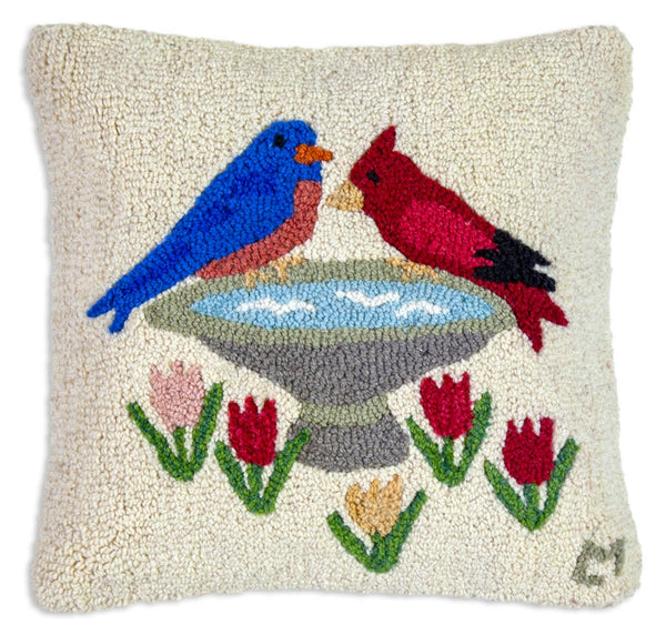 Birds Welcome 18"x18" Hooked Wool Pillow