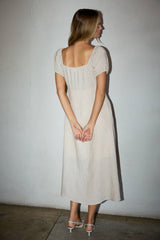 PUFF SLEEVE BUTTON DOWN FRONT TIE MAXI LINEN DRESS