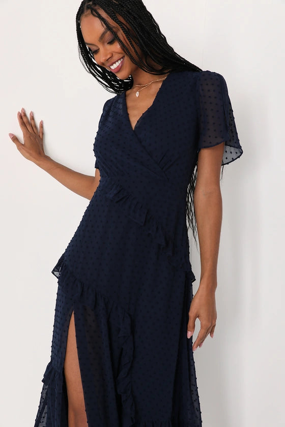 Womens Navy Swiss Dot Wrap Dress LULUS