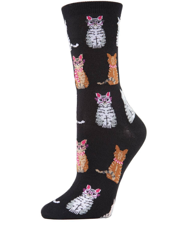 - MeMoi Studious Cats Bamboo Blend Crew Socks