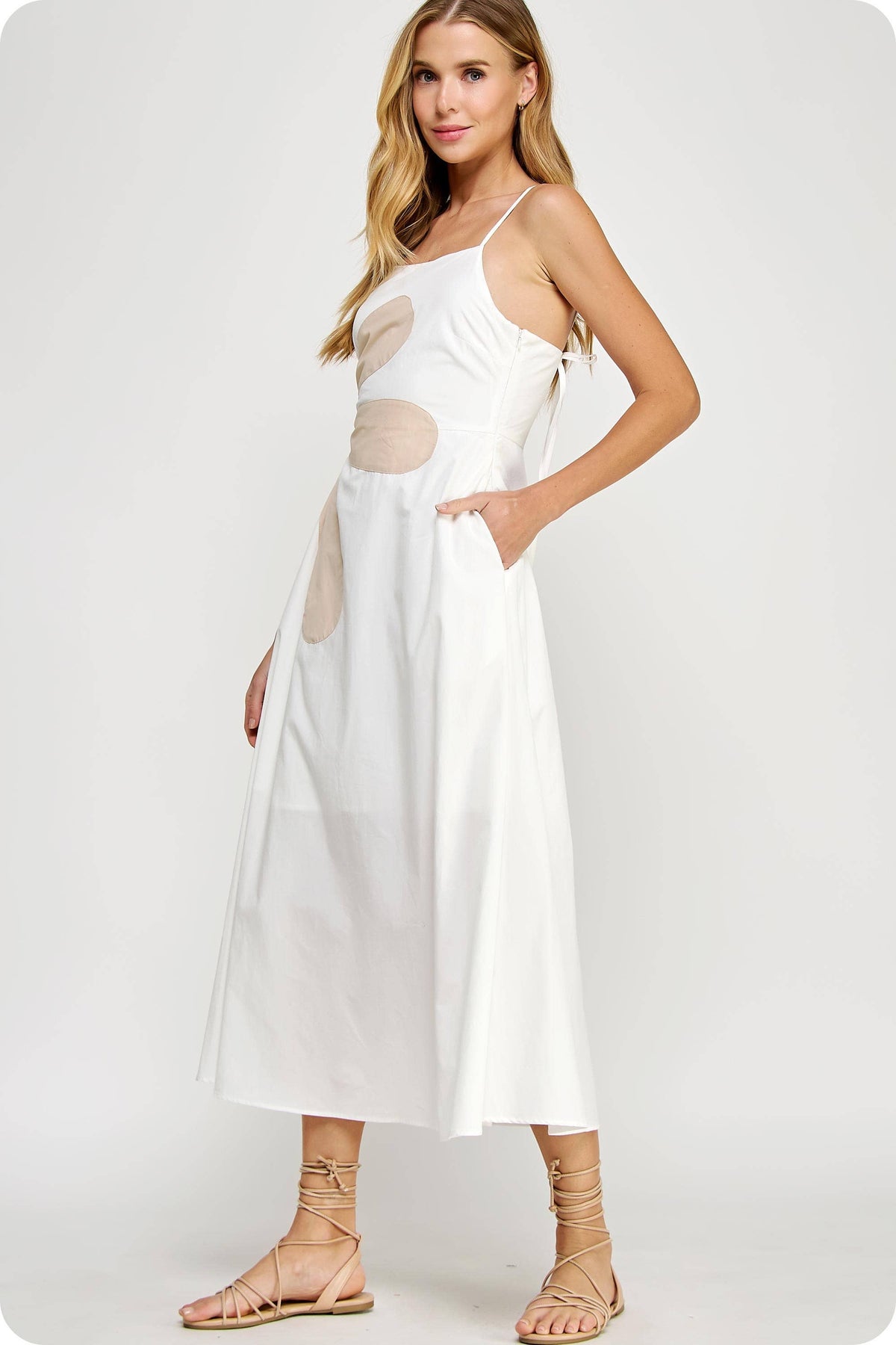 Womens Sleeveless Side Cut-Out Flower Detail Midi Dress