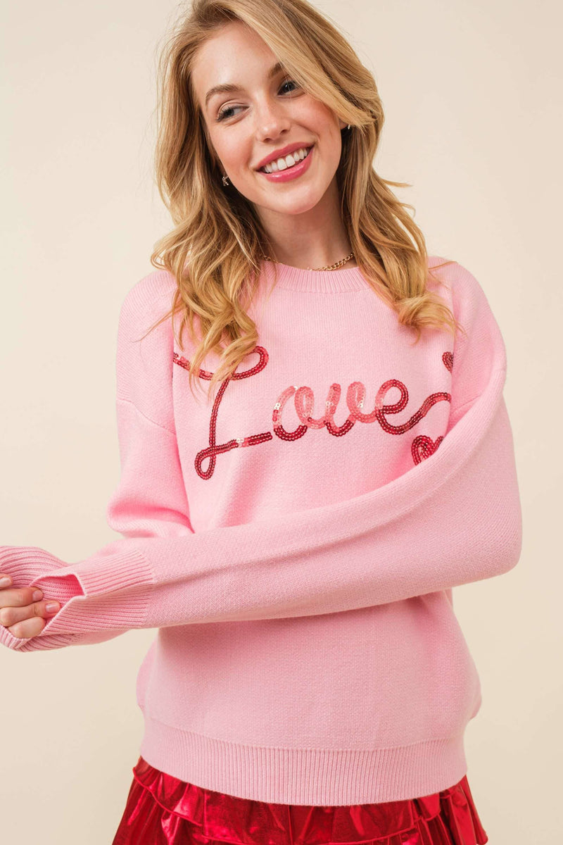 Womens Sequin Heart LOVE Sweater Main Strip