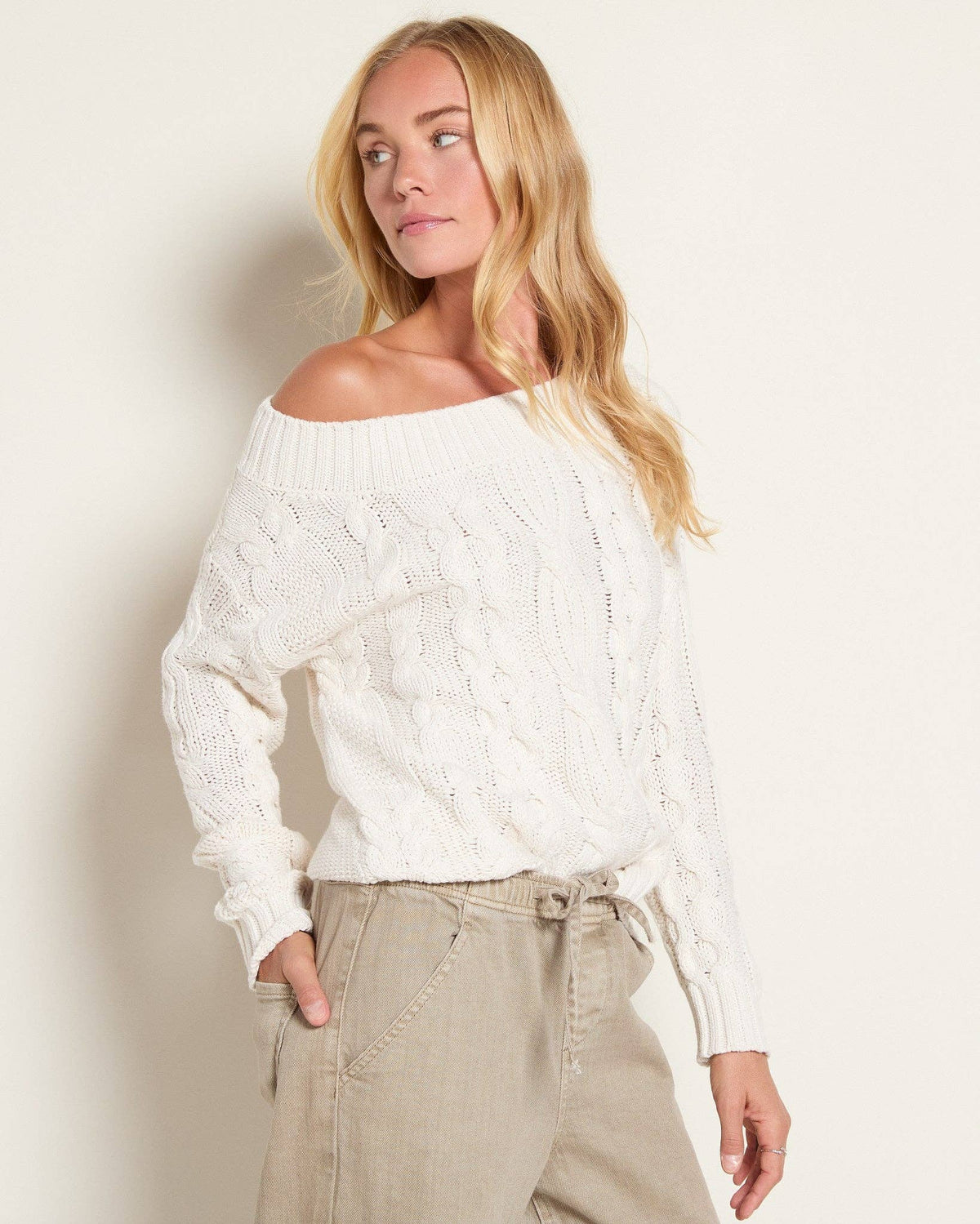 Off-Shoulder Cable Knit Sweater