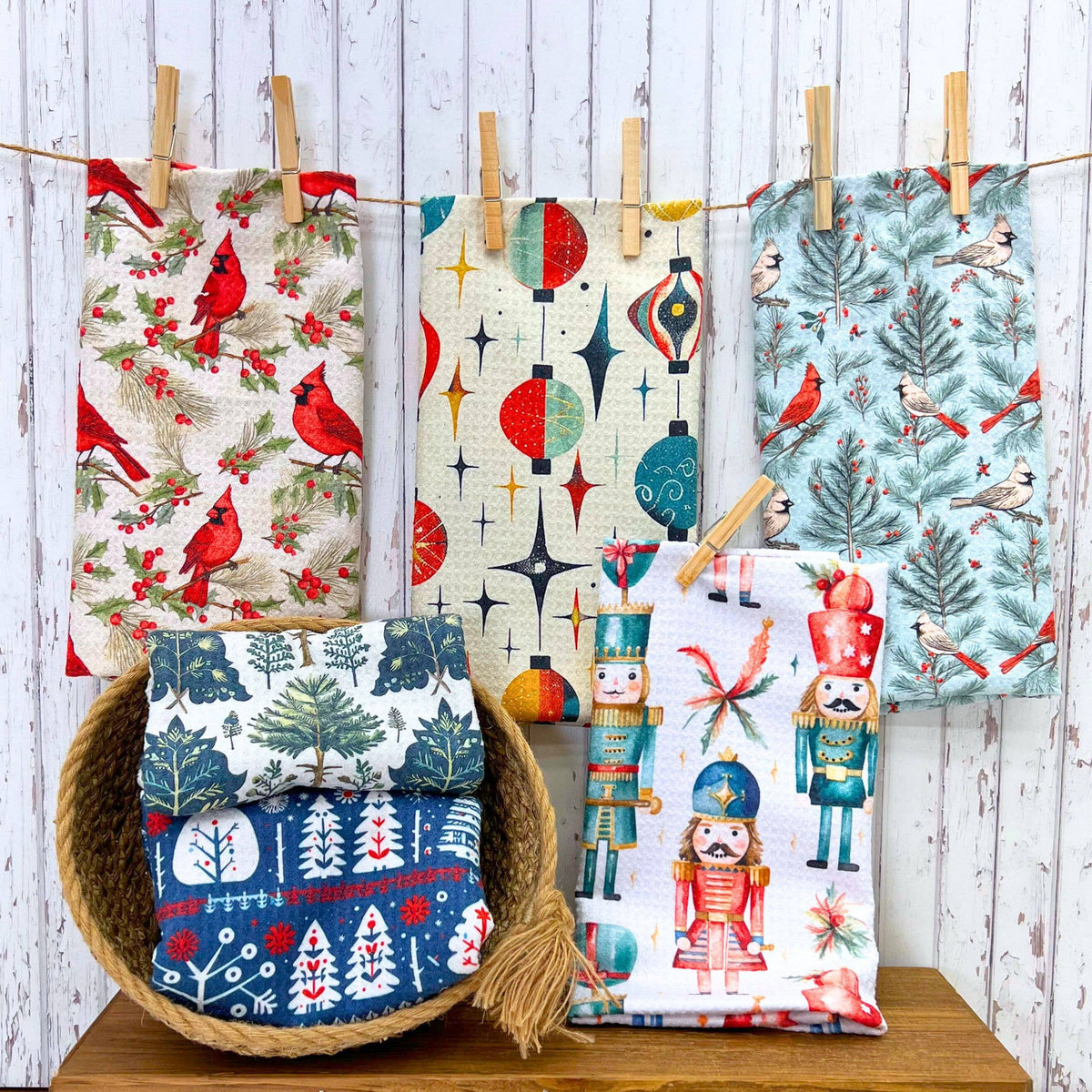 Driftless Studios - Red Cardinal Pattern Waffle Hand Towel With Hanging Loop Driftless Studios