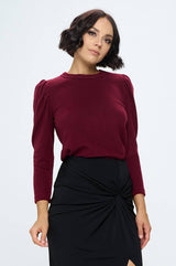 Renee C. - Made in USA Burgundy Brushed Knit Top with Puff Sleeve Renee C.