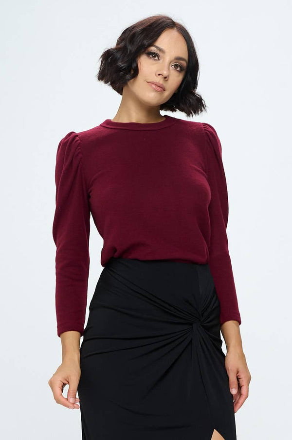 Renee C. - Made in USA Burgundy Brushed Knit Top with Puff Sleeve Renee C.