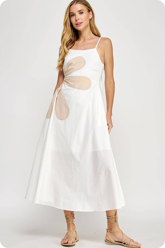 Womens Sleeveless Side Cut-Out Flower Detail Midi Dress