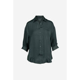 Womens Oversized 3/4 Sleeve Button-Up Blouse in Forest Green