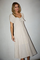 PUFF SLEEVE BUTTON DOWN FRONT TIE MAXI LINEN DRESS