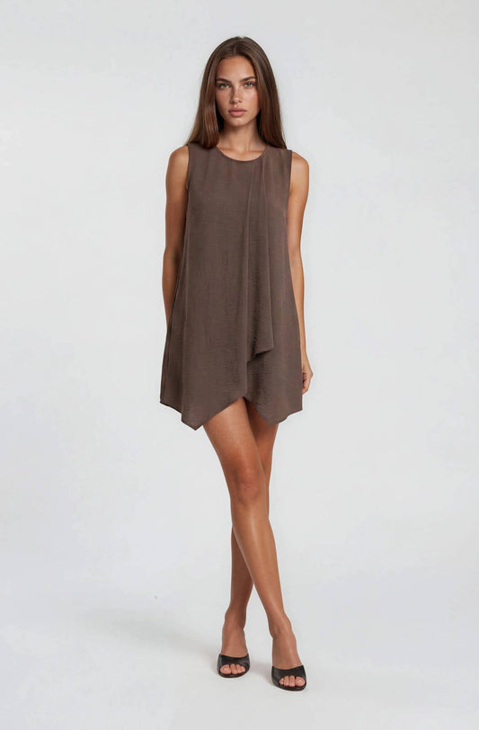 Womens Round Neck Sleeveless Pleat Detail Shift Mini Dress Chocolate