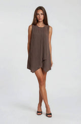 Gilli Round Neck Sleeveless Pleat Detail Shift Mini Dress Chocolate