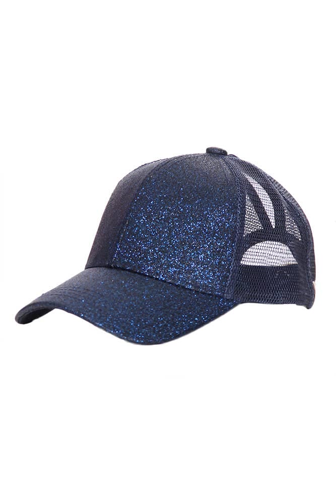 Kids Glitter Fabric With Mesh Pony Cap: Black Hana