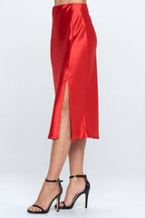 Womens Solid Satin Midi Skirt with Slit