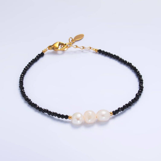 Shell Pearl & Onyx Gemstone Bracelet – Gold