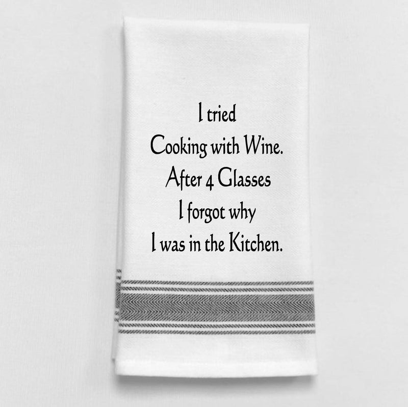 Wild Hare Designs - BB-I-326 White Kitchen Towel "I tried cooking with wine..." Wild Hare Designs