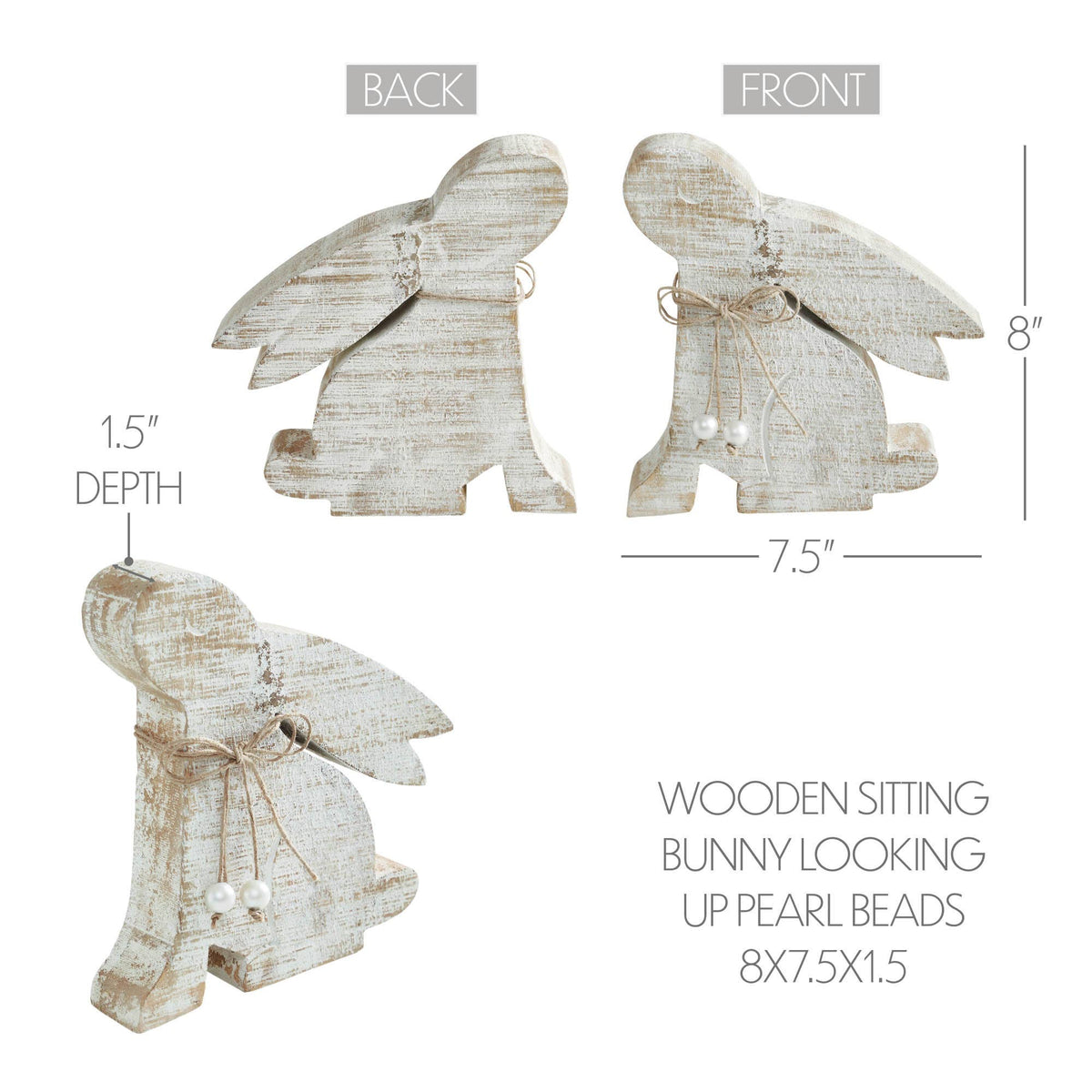 Bunny Hop Natural Wooden Sitting Bunny Looking Up - Pearl Bead Collar Easter Shelf Decor - 8x7.5x1.5