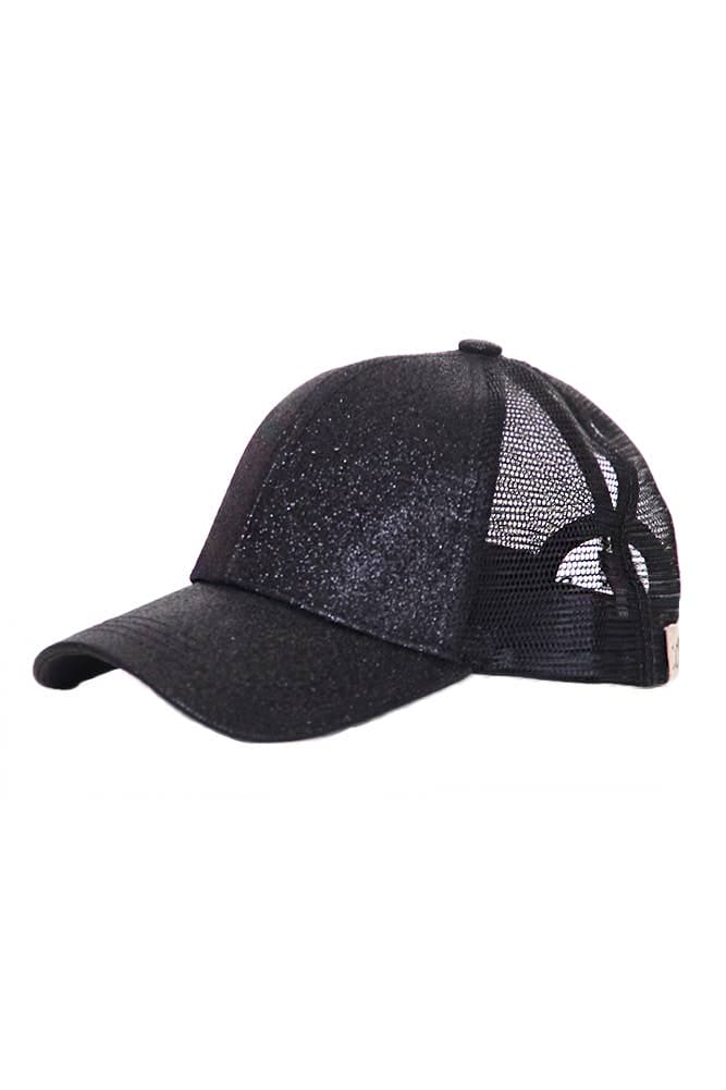 Kids Glitter Fabric With Mesh Pony Cap: Black Hana