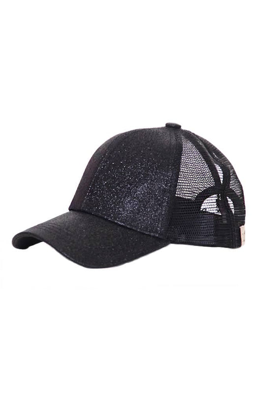 Kids Glitter Fabric With Mesh Pony Cap: Black Hana