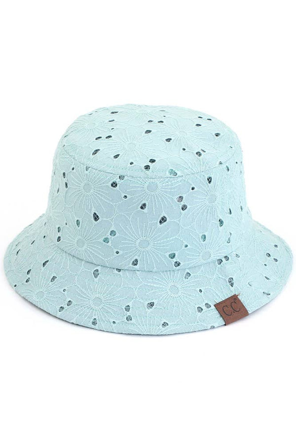 Embroidered Floral Cotton Eyelet Bucket Hat