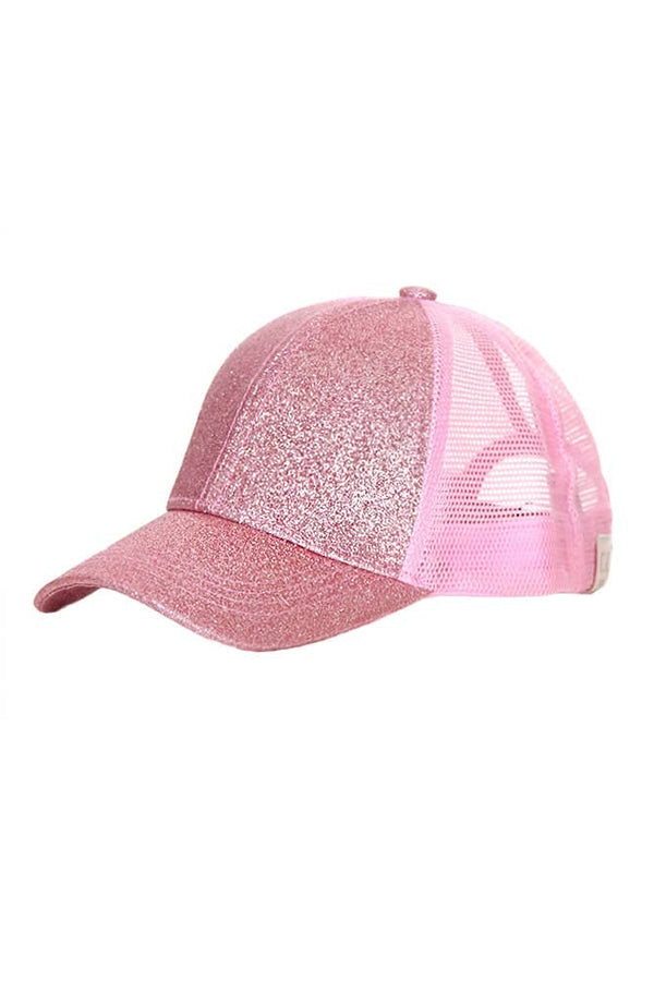 Kids Glitter Fabric With Mesh Pony Cap: Pink