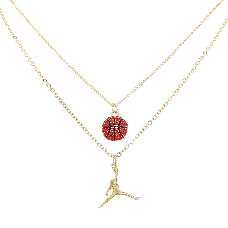 2 Layer Jeweled Basketball & Player Pendant Chain Necklace