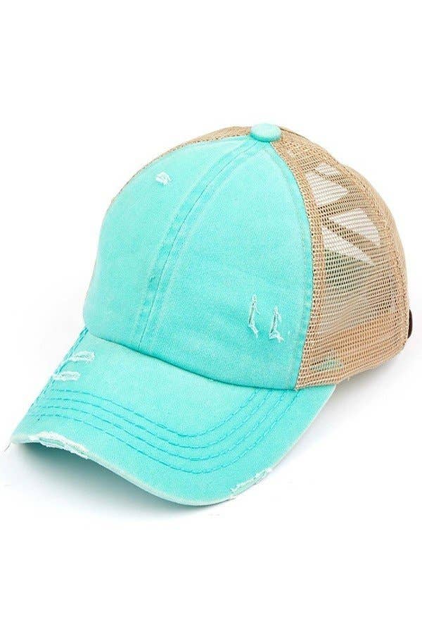 Washed Denim with Crossed Elastic Band Mesh Pony Cap