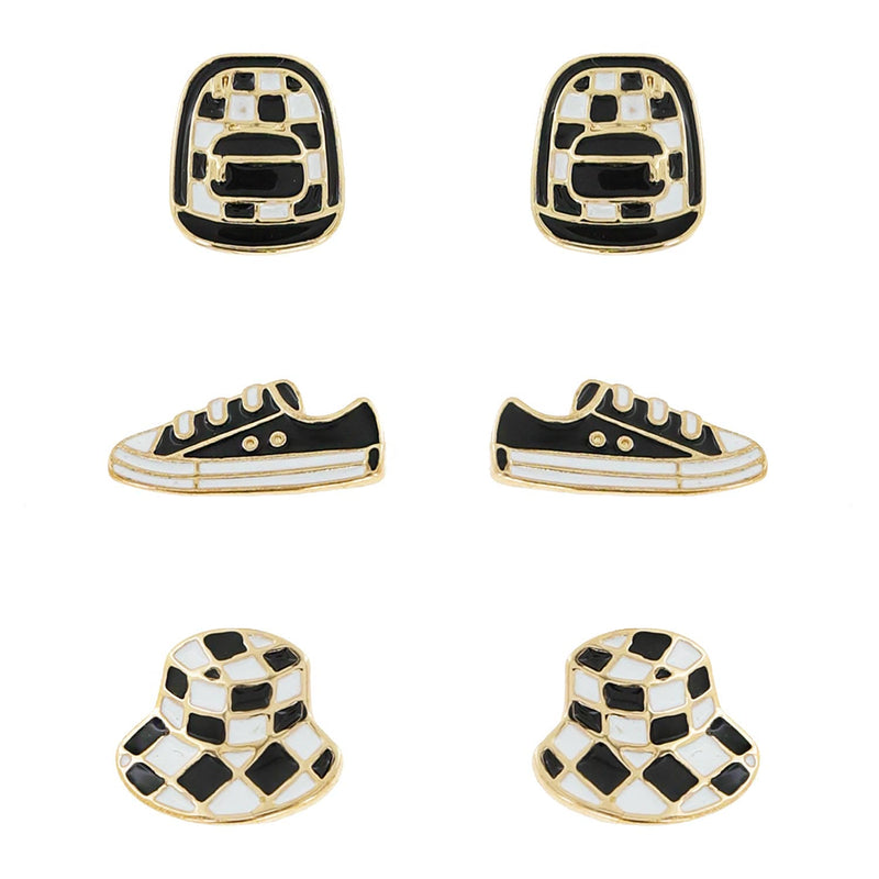3 Pair Assorted Checkered Fashion Enamel Stud Earring Set