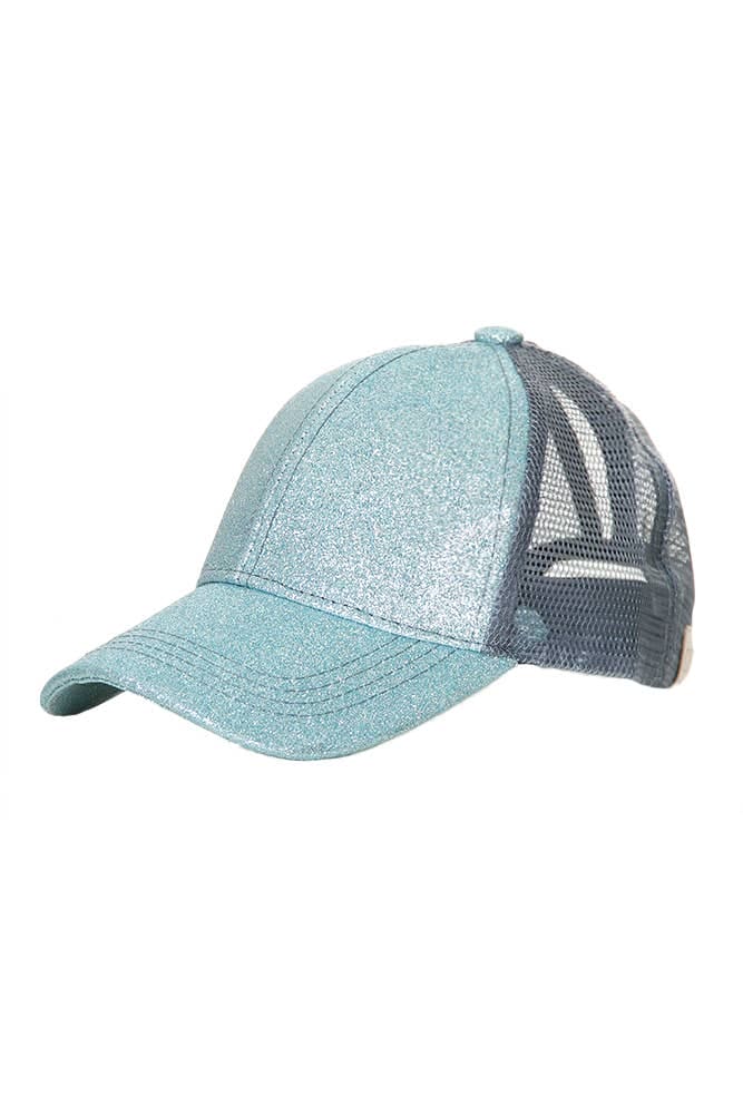 Kids Glitter Fabric With Mesh Pony Cap: Mint